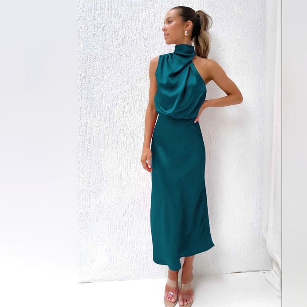 NEW Chic Draped Wrap Halter Neck Satin Midi Dress Teal Blue - Picture 3 of 9